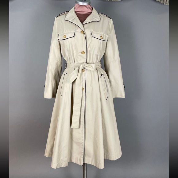 1970s princess coat vintage NAVY + BEIGE TRENCHCOAT fit flare full skirt jacket - Picture 5 of 10